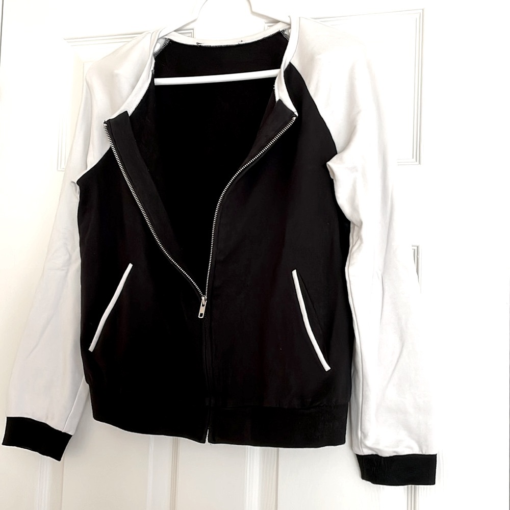 🖤 Full Zip Crew Neck Black & White Bomber Sweatshirt
